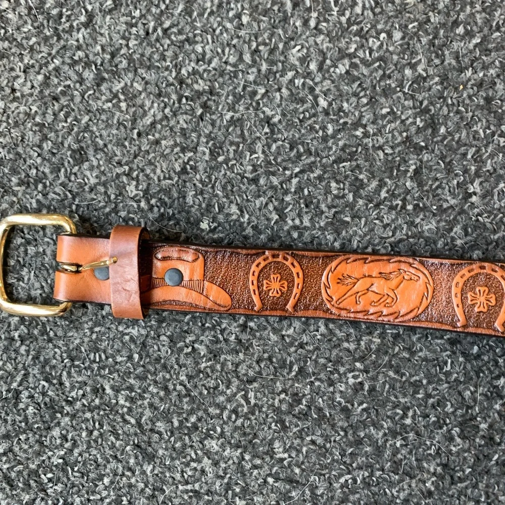 Brown Leather Belt with Western Embossing Horse, Cowboy Hat, Horseshoe 22 1/2”